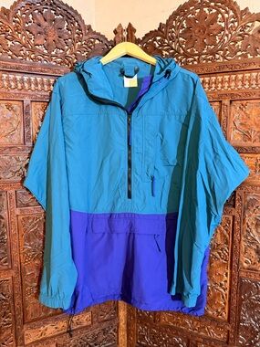 Vintage REI Colorblock Anorak Windbreaker Teal Purple Hooded Pullover Jacket 90s